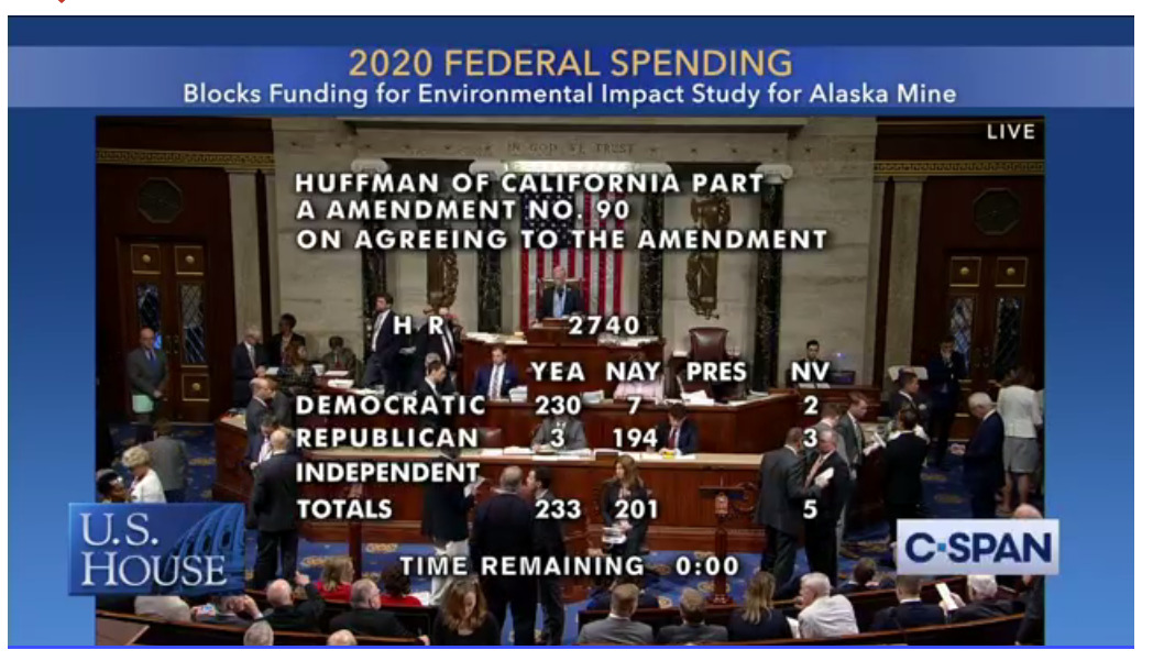 House of Representatives Vote to Block Funding for Pebble Mine.
